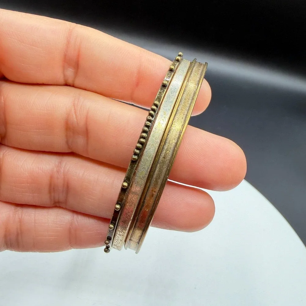 Brass Tone Multi Band Bangle Bracelet Beaded Dot Boho Tribal Statement Jewelry